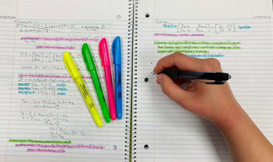 Neat maths notes with colourful highlighters